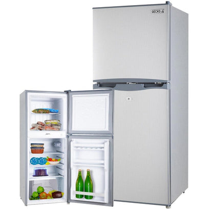 Silver GECKO top-freezer refrigerator with open doors showing stocked shelves and drinks, ideal for home kitchens.