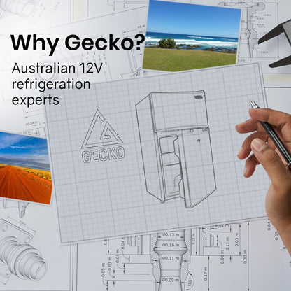 Gecko 12V refrigerator design sketch with engineering plans and coastal scenery