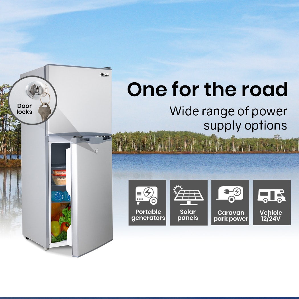 Compact fridge with door locks, ideal for road trips, powered by solar, generators, or vehicle 12/24V