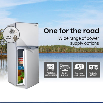 Compact fridge with door locks, ideal for road trips, powered by solar, generators, or vehicle 12/24V