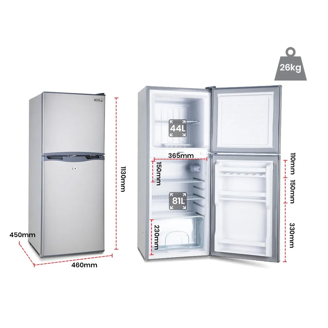 Compact 44L fridge with 81L freezer, dimensions shown, lightweight 26kg design for small spaces