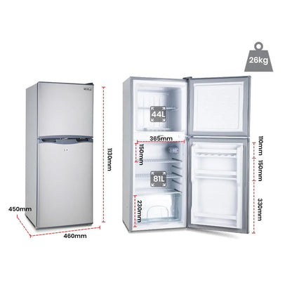 Compact 44L fridge with 81L freezer, dimensions shown, lightweight 26kg design for small spaces