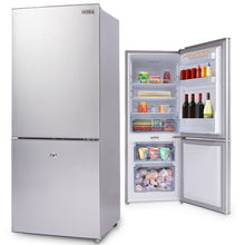 Stainless steel GECKO fridge freezer with open door showing stocked shelves and frozen items inside