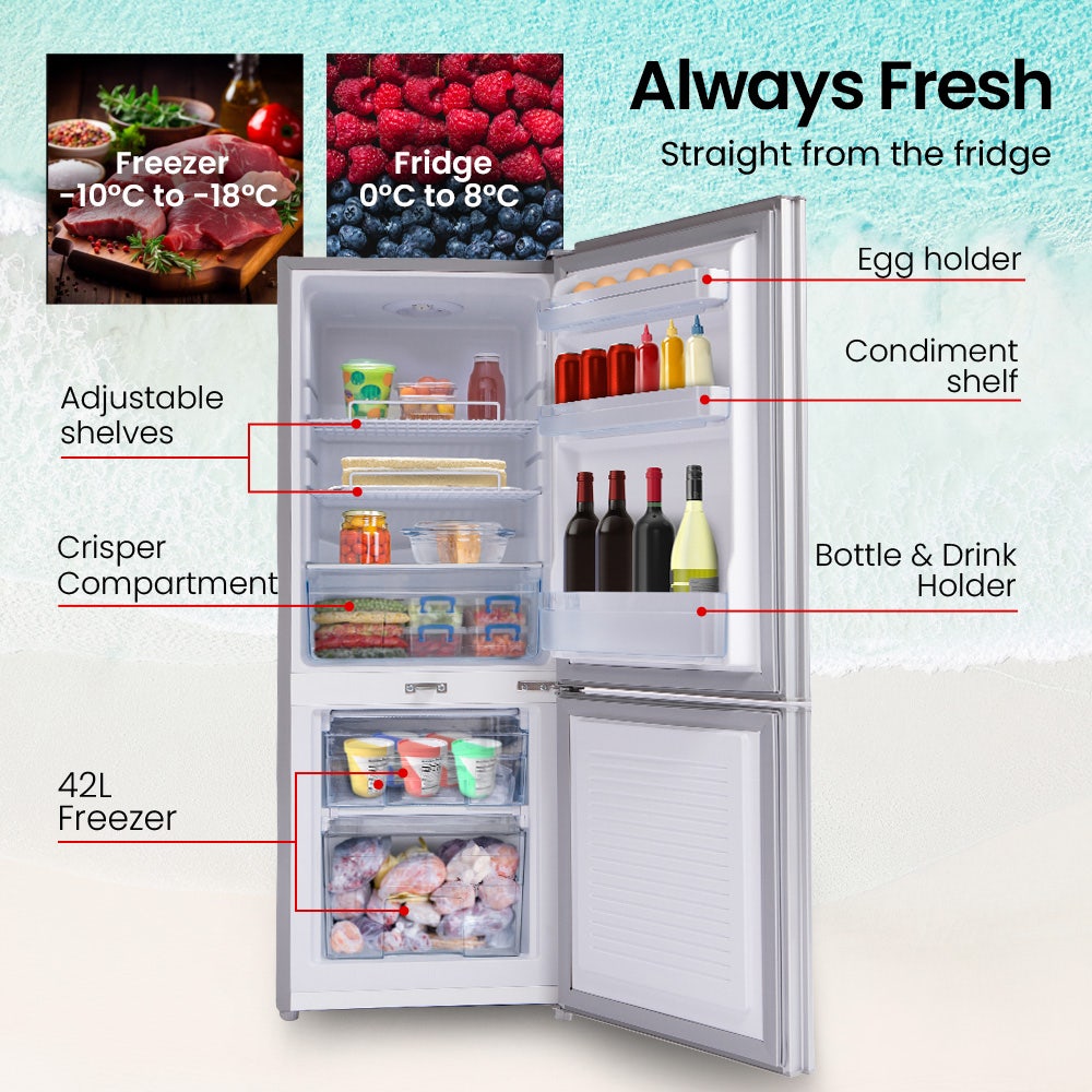 Compact fridge freezer with adjustable shelves, crisper, egg holder, and 42L freezer compartment for fresh food storage