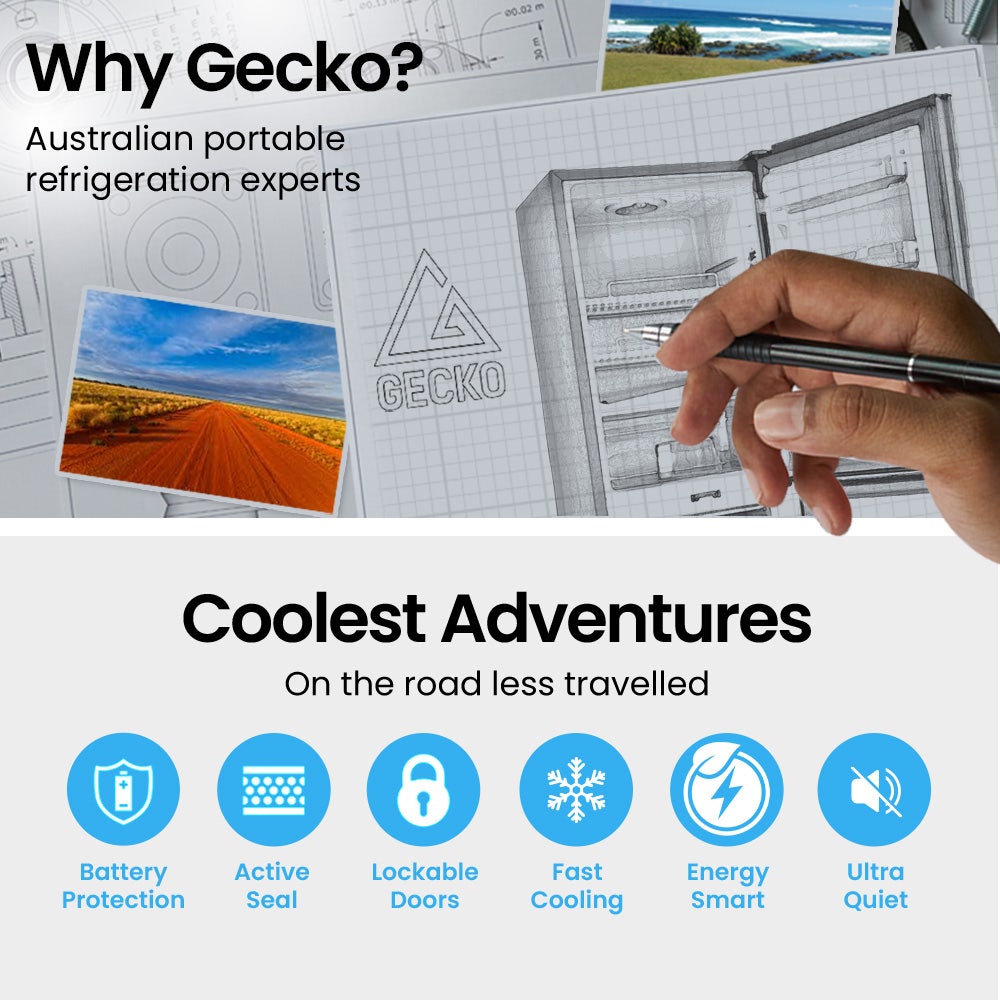 Gecko portable fridge features: battery protection, fast cooling, ultra quiet for adventures