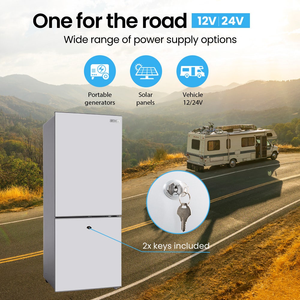 Portable 12V 24V fridge for RVs with keys, powered by solar, generators, or vehicle