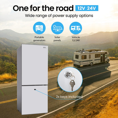 Portable 12V 24V fridge for RVs with keys, powered by solar, generators, or vehicle