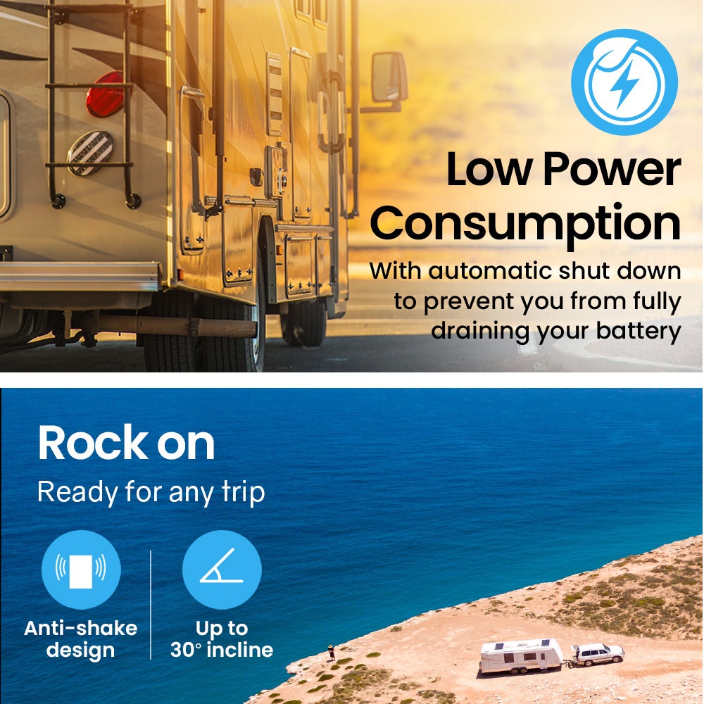 RV with low power consumption & anti-shake design for off-road adventures, up to 30° incline ready