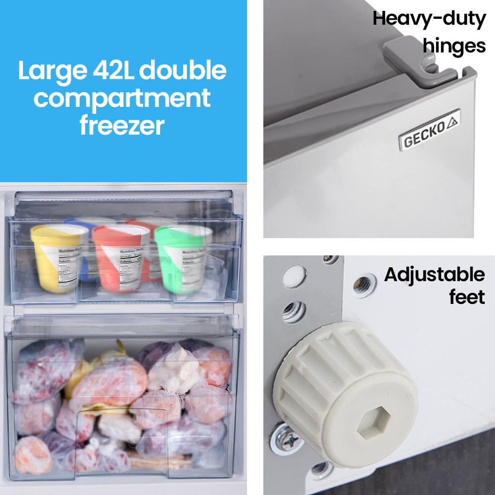 42L double compartment freezer with heavy-duty hinges and adjustable feet, storing frozen food and ice cream