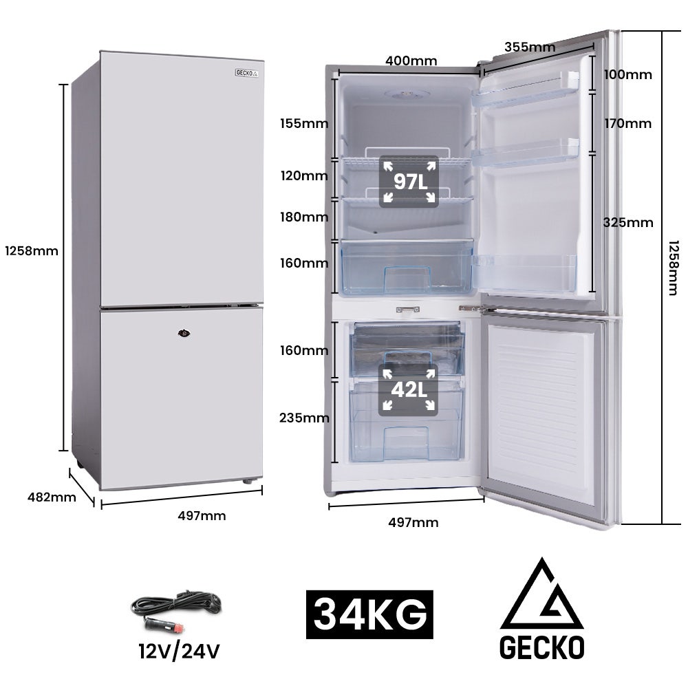 Compact 97L fridge freezer with 42L freezer, 12V/24V, 34kg, ideal for RVs or small spaces