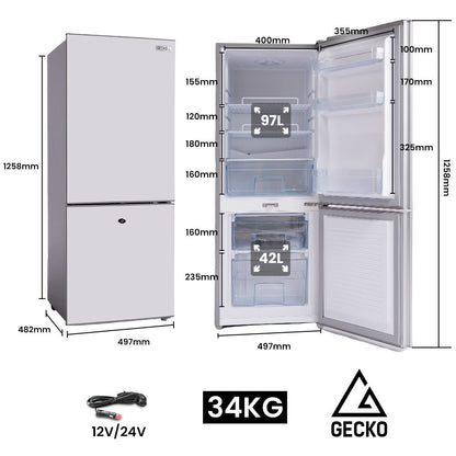 Compact 97L fridge freezer with 42L freezer, 12V/24V, 34kg, ideal for RVs or small spaces