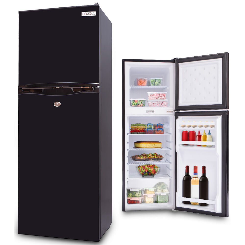 Black GECKO fridge with open doors showing stocked shelves and beverages inside