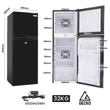 Compact black 142L fridge freezer with 12V/24V/240V power, 32kg weight, ideal for home or travel use