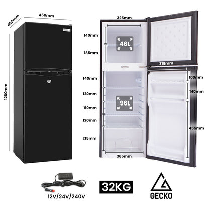 Compact black 142L fridge freezer with 12V/24V/240V power, 32kg weight, ideal for home or travel use