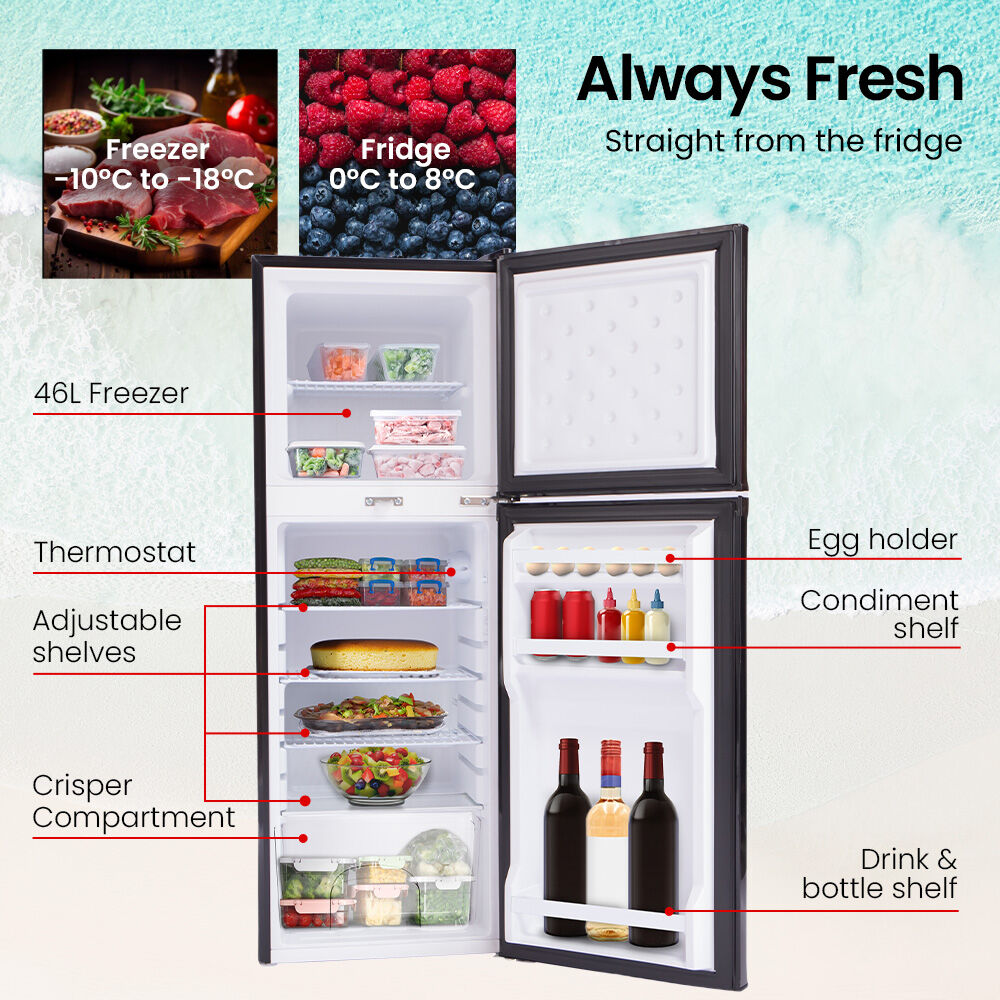 Compact 46L freezer fridge with adjustable shelves, egg holder, and drink bottle storage for fresh food storage