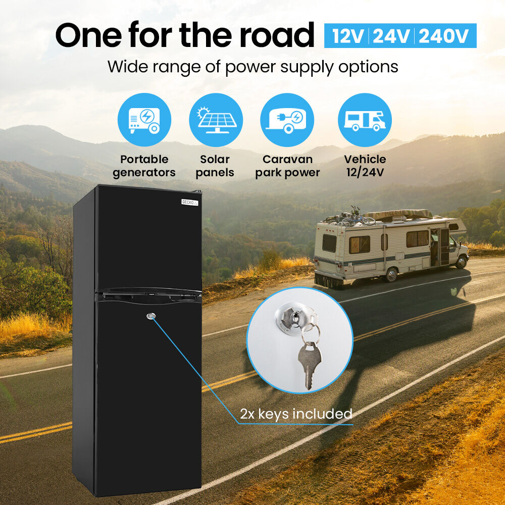 Black portable fridge freezer for RVs, cars, solar & generators – 12V/24V/240V, includes 2 keys