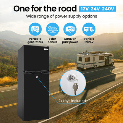 Black portable fridge freezer for RVs, cars, solar & generators – 12V/24V/240V, includes 2 keys