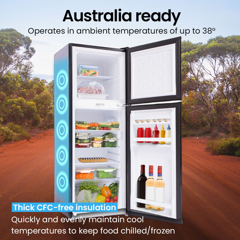 Australia-ready fridge with thick CFC-free insulation, stocked with food and drinks, set outdoors.