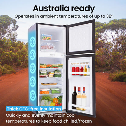 Australia-ready fridge with thick CFC-free insulation, stocked with food and drinks, set outdoors.