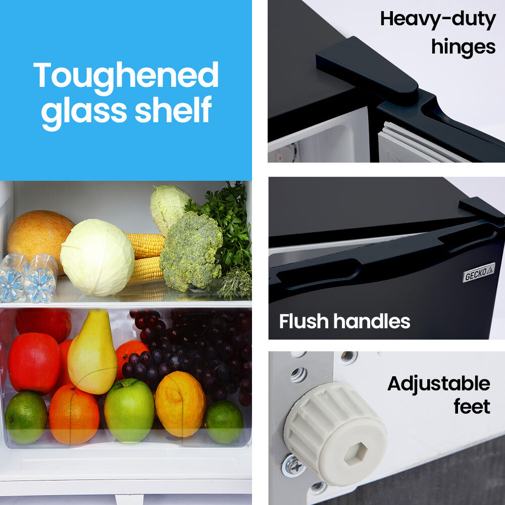 Toughened glass shelf fridge with heavy-duty hinges, flush handles, adjustable feet, and fresh produce storage