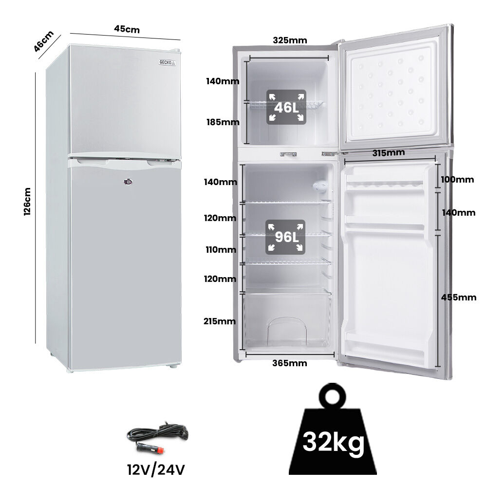 Compact 142L fridge with 46L freezer, 12V/24V power, 32kg weight, ideal for small spaces or travel