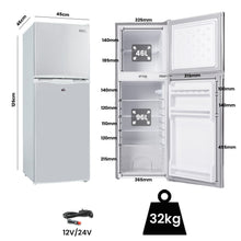 Compact 142L fridge with 46L freezer, 12V/24V power, 32kg weight, ideal for small spaces or travel