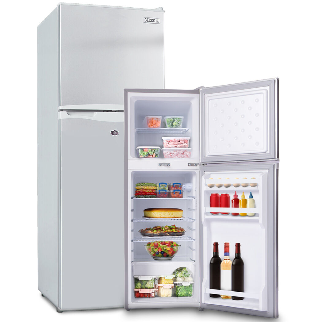 Silver GECKO fridge freezer with open doors showing stocked shelves, ideal for home kitchen storage