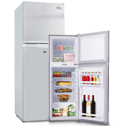 Silver GECKO fridge freezer with open doors showing stocked shelves, ideal for home kitchen storage