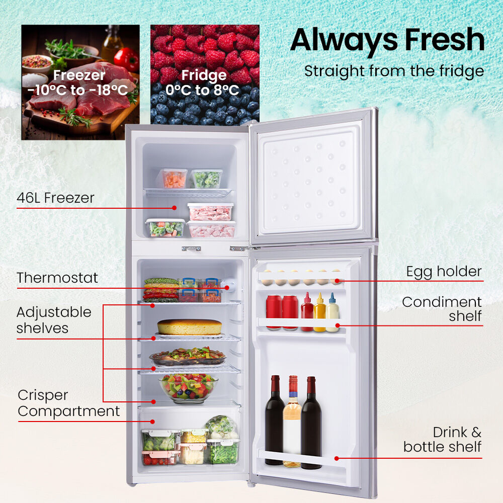 Compact fridge freezer with 46L freezer, adjustable shelves, egg holder, and drink bottle shelf for fresh food storage