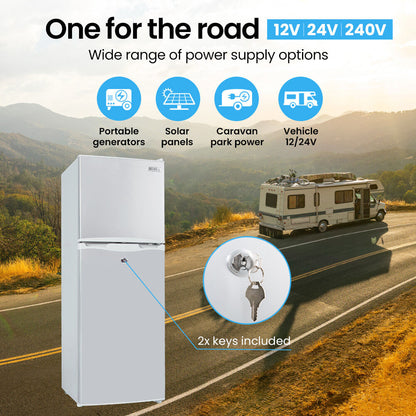Portable 12V 24V 240V fridge for RVs, cars, solar & generators – includes 2 keys, perfect for road trips