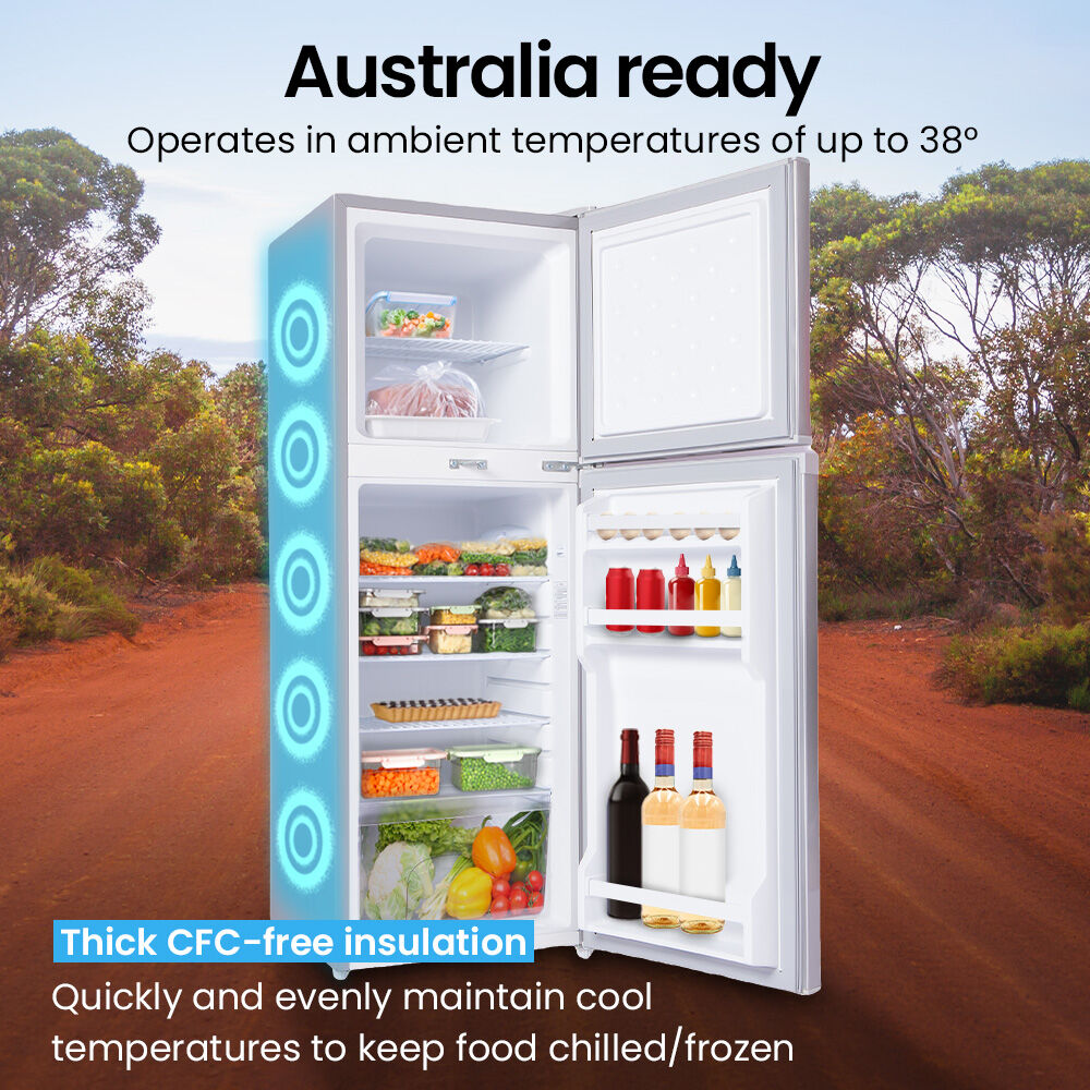 White top-freezer fridge with thick CFC-free insulation, stocked with food & drinks, Australia ready for 38°C