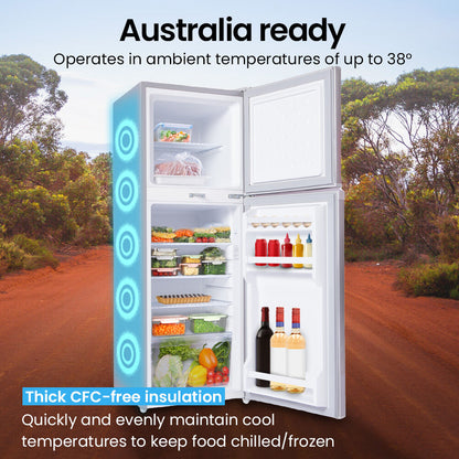 White top-freezer fridge with thick CFC-free insulation, stocked with food & drinks, Australia ready for 38°C