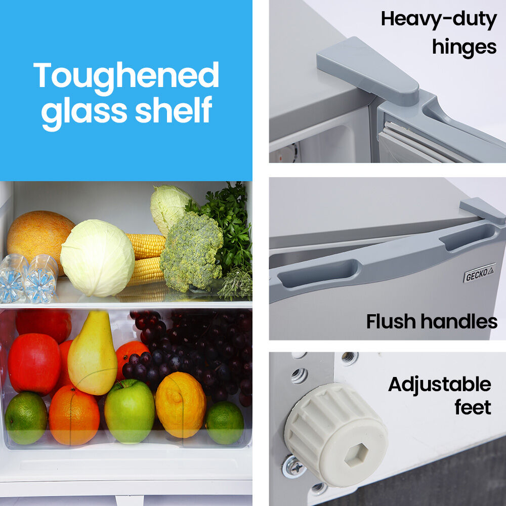 Toughened glass shelf with fresh produce, heavy-duty hinges, flush handles, and adjustable feet