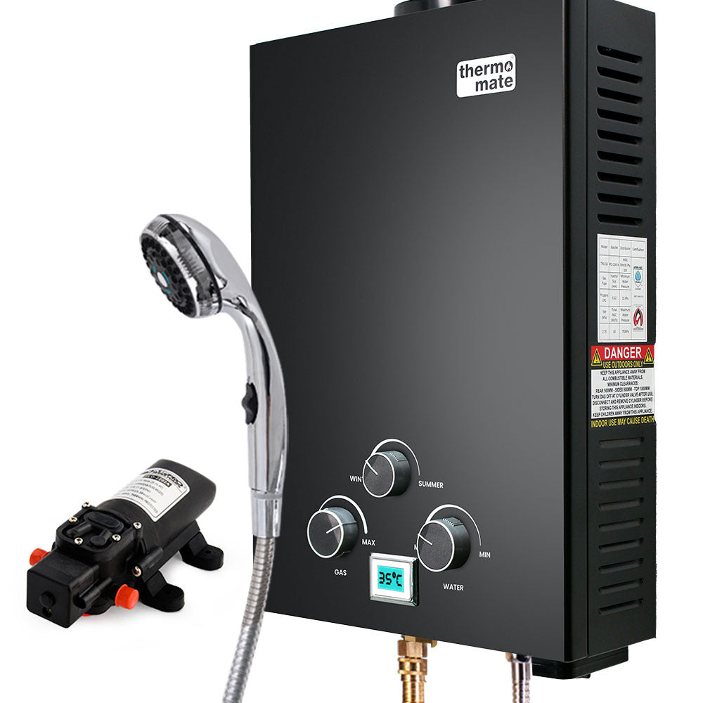 Thermomate Portable LPG Gas Hot Water System 8L/min Camping Shower 12V Pump Included Black