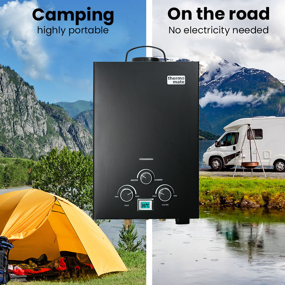 Thermomate Portable LPG Gas Hot Water System 8L/min Camping Shower 12V Pump Included Black