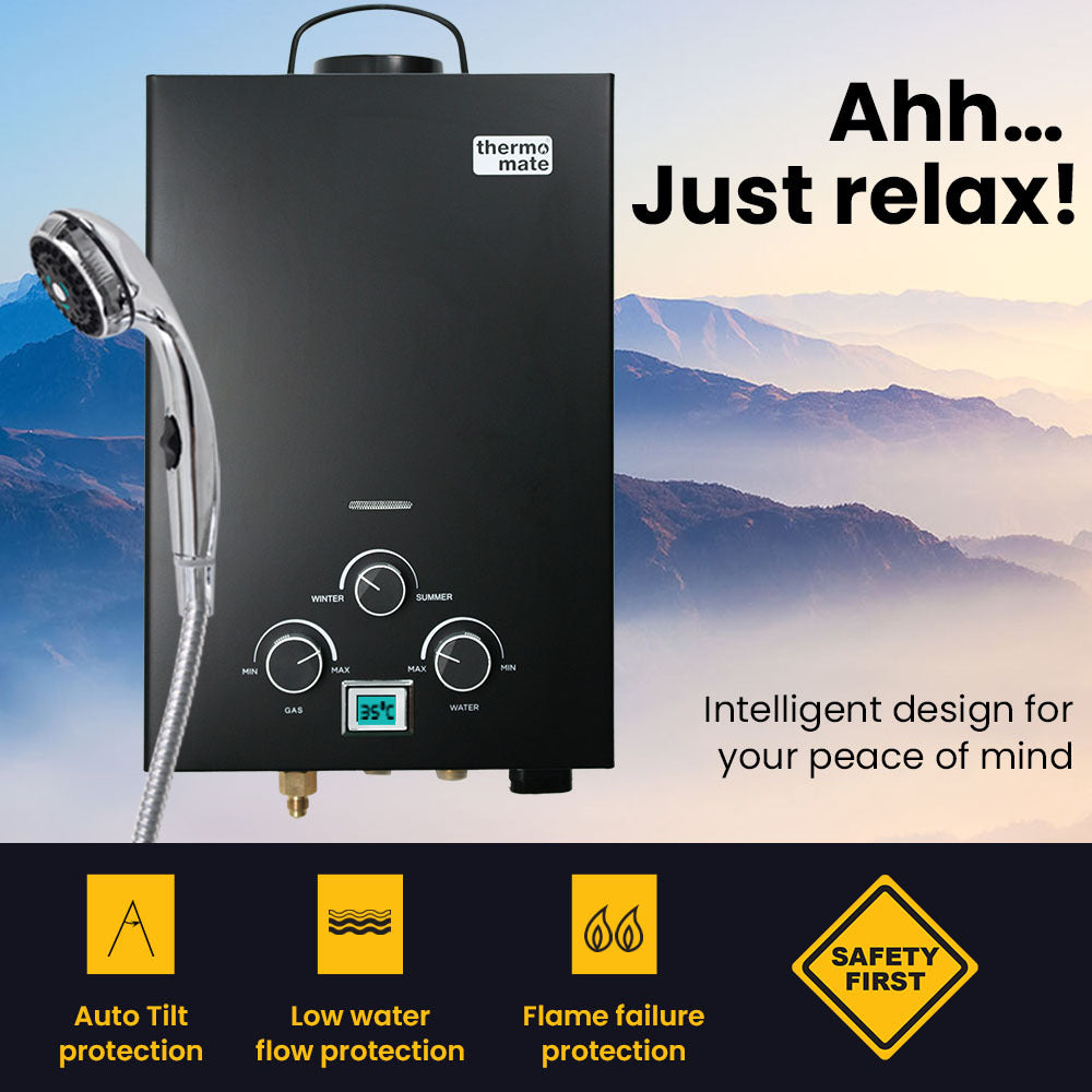 Thermomate Portable LPG Gas Hot Water System 8L/min Camping Shower 12V Pump Included Black