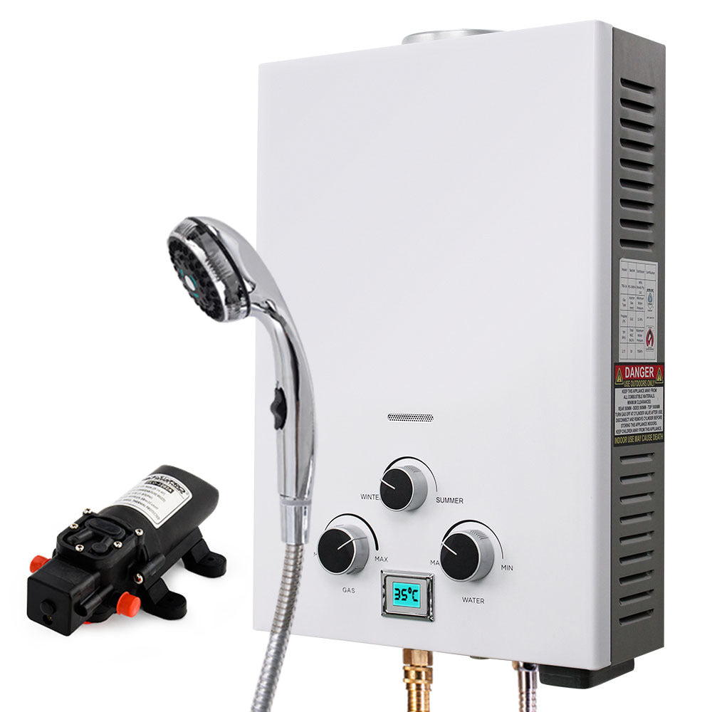 Thermomate Portable LPG Gas Hot Water System 8L/min Camping Shower 12V Pump Included White