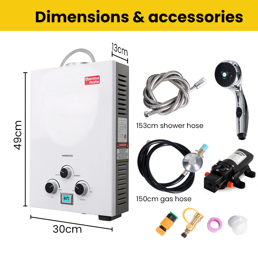Thermomate Portable LPG Gas Hot Water System 8L/min Camping Shower 12V Pump Included White