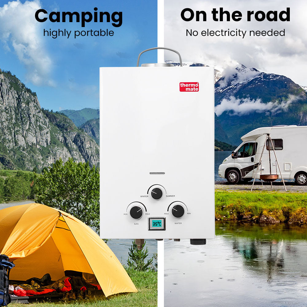 Thermomate Portable LPG Gas Hot Water System 8L/min Camping Shower 12V Pump Included White