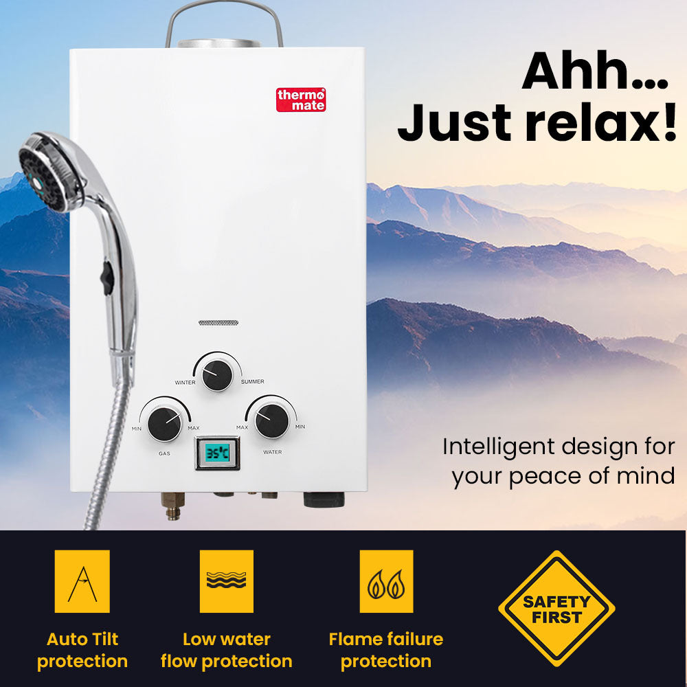 Thermomate Portable LPG Gas Hot Water System 8L/min Camping Shower 12V Pump Included White