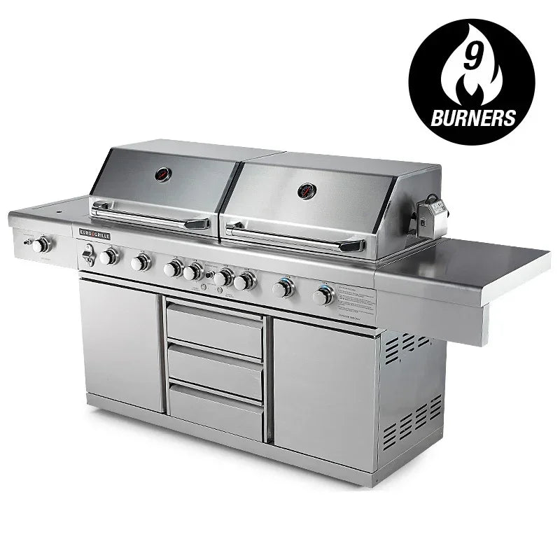 Stainless steel 9-burner Euro Grille BBQ outdoor gas grill for sale at Stacks Warehouse AU