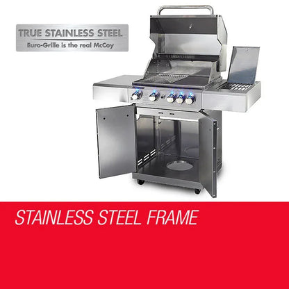 Stainless steel Euro-Grille BBQ with open storage, featured at Stacks Warehouse online bargain store.