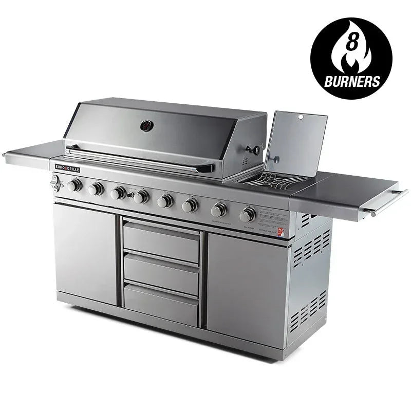 Stainless steel 8 burner Euro Griller BBQ with side burner at Stacks Warehouse AU online bargain store