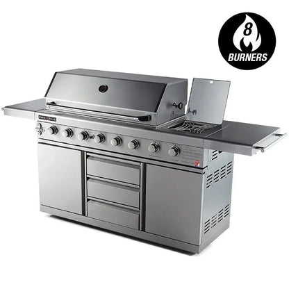 Stainless steel 8 burner Euro Griller BBQ with side burner at Stacks Warehouse AU online bargain store