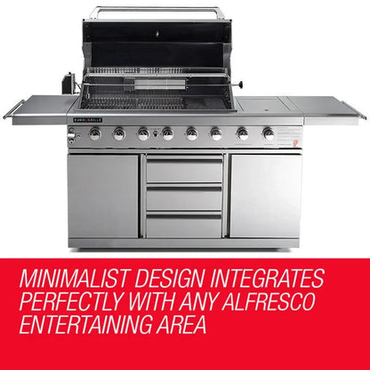 Stainless steel outdoor BBQ grill with open hood, control knobs and storage, ideal for alfresco area.