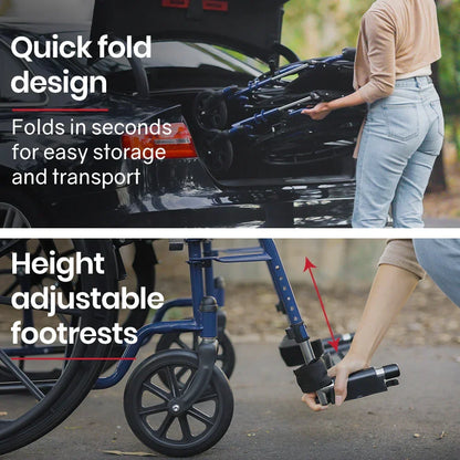 Wheelchair 24 Inch Folding Lightweight Blue -136kg Capacity