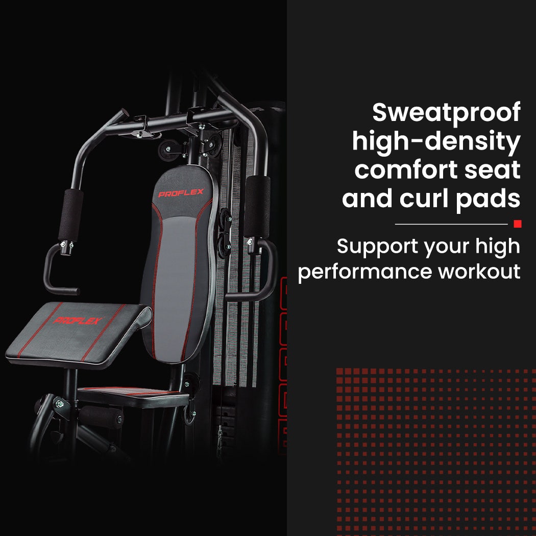 ProFlex home gym with sweatproof comfort seat and curl pads for high-performance workouts