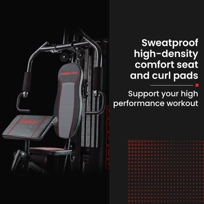 ProFlex home gym with sweatproof comfort seat and curl pads for high-performance workouts