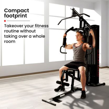Man using compact home gym machine for strength training in bright room