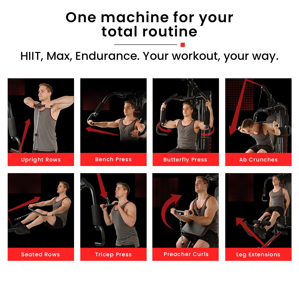 Multi-functional home gym machine for HIIT, strength & endurance workouts: rows, press, curls, leg extensions